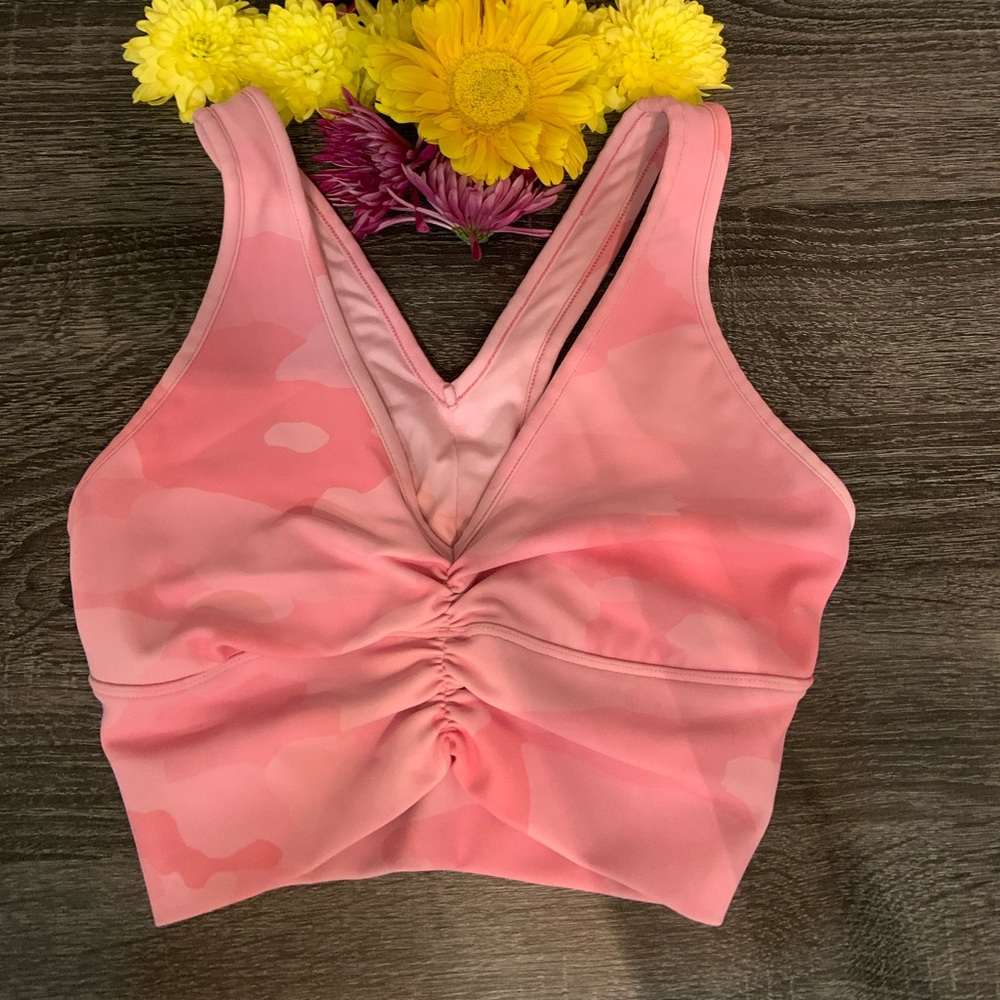 Alo Yoga dark pink and light pink camo sports bra